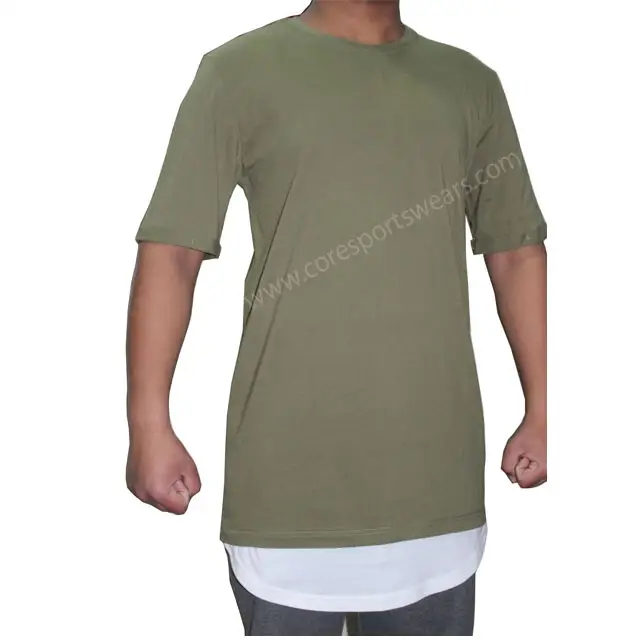 Hoch Layered T Shirt mit abgerundetem saum panels 160 GSM 100% baumwolle Jersey shirts Freies custom logos Druck gefaltet manschetten