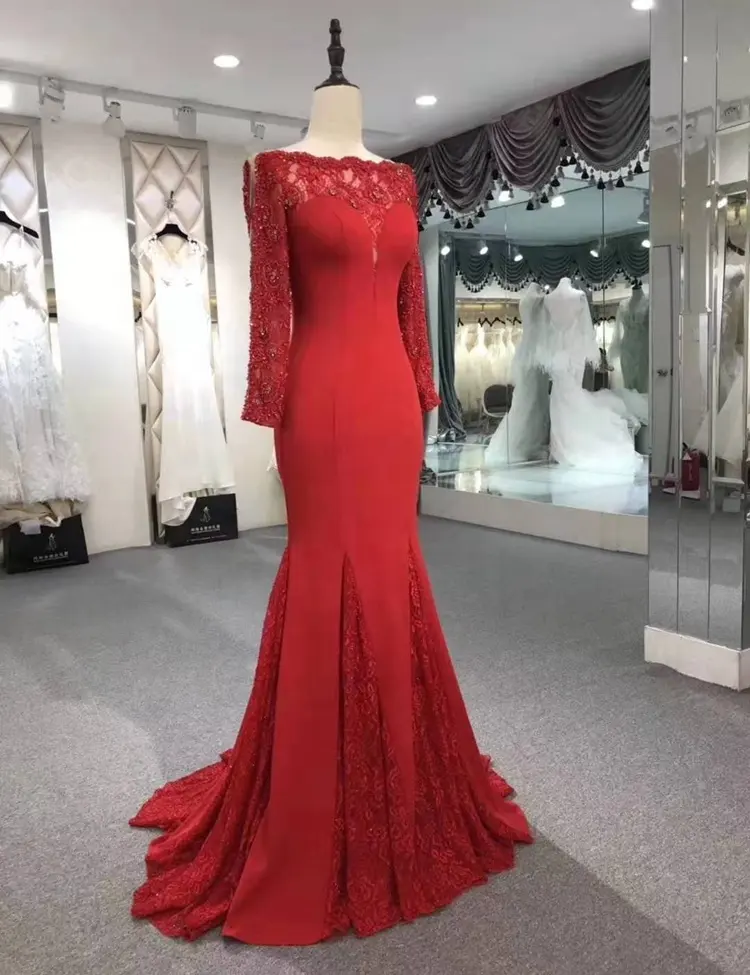 Vestido de baile elegante luxuoso para noite, vestido de manga longa vermelho com miçangas, ombro caído, 5842