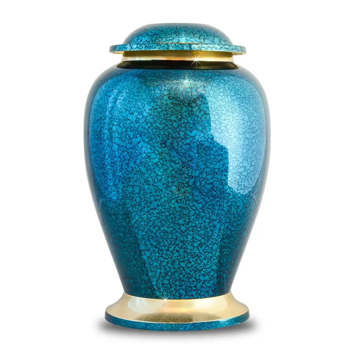 Urna de cremación azul claro brillante para cenizas, urna de latón sólido para adultos, suministros funerarios de la mejor calidad