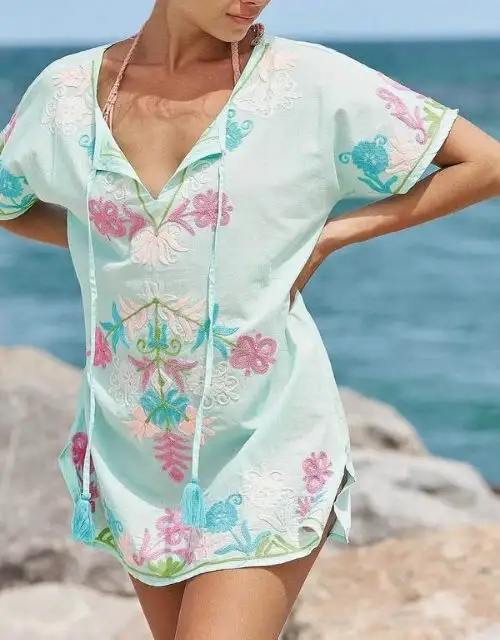 Holiday Beach, Túnica moderna de manga corta a la moda, Sexy, bordado a mano, Vestido corto para mujer, elegante de talla grande para mujer