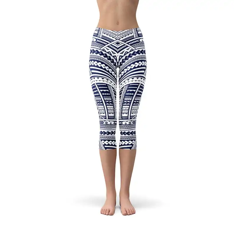 Leggings Capri de tatouage Maori, Capris blanc avec imprimé de tatouage polynésienne, parfait pour la course, offre spéciale