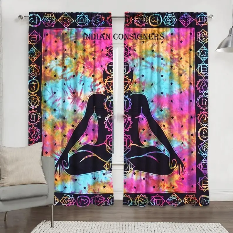 Sette Chakra Buddha tessuto di cotone fatto a mano appeso a parete porta finestra tenda colore multiplo etnico