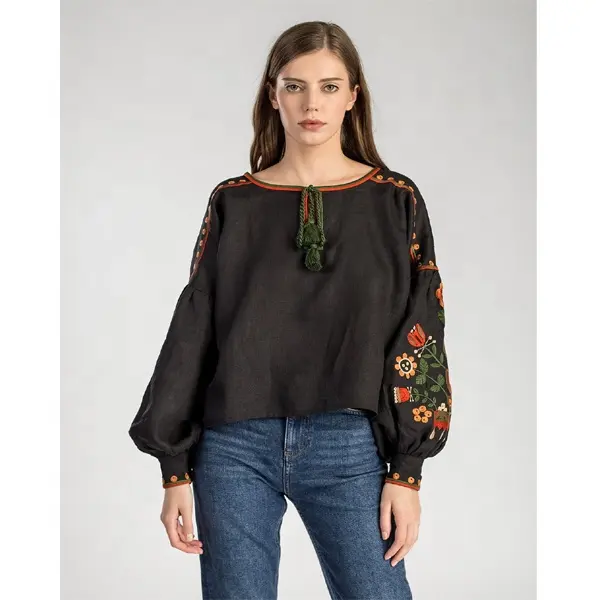 2019 recém Chegada Ucraniano Meninas Oeste Pássaro Mulheres Camisa Bordada Top Lanterna Manga Bohemian Multicolor Floral Blusa De Linho