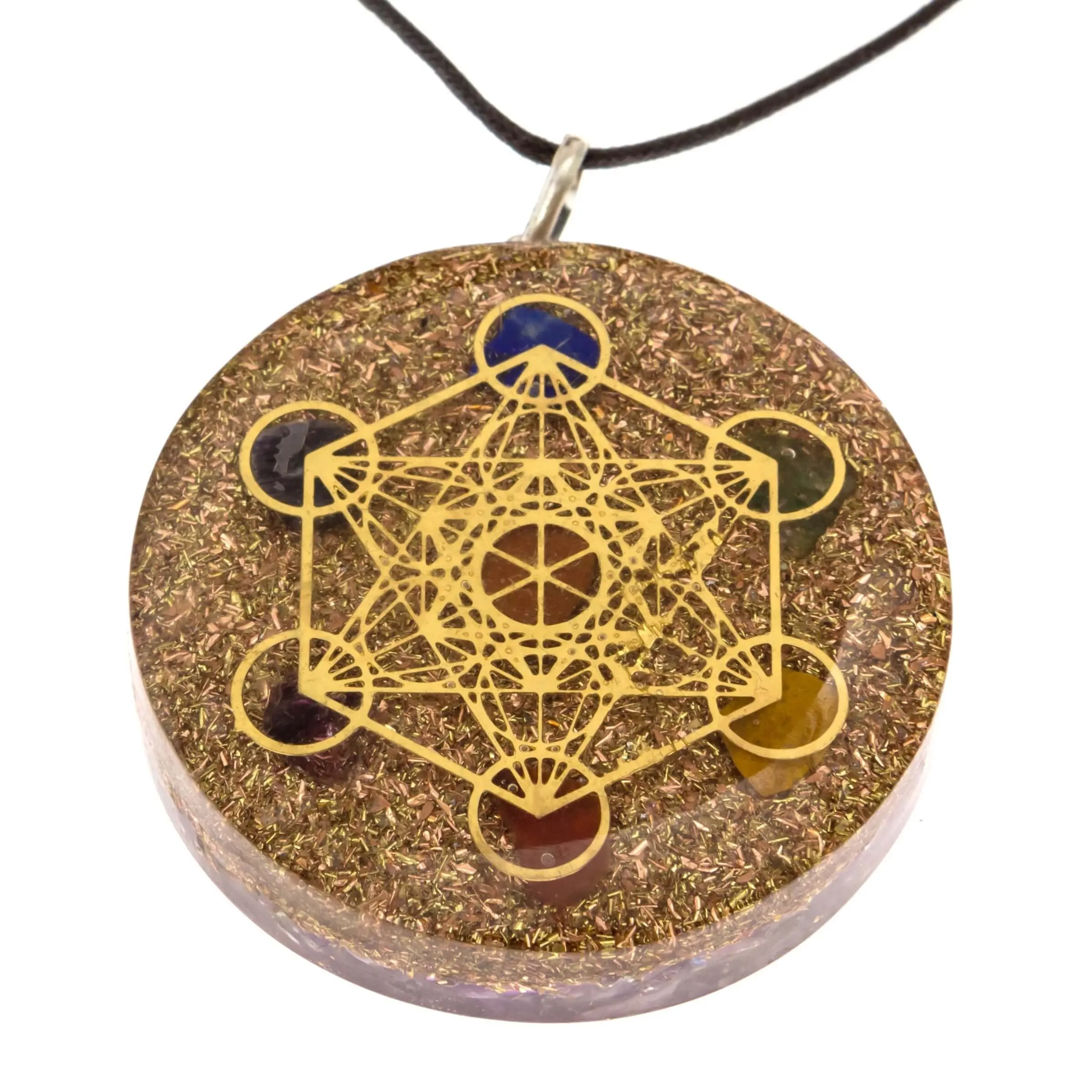 Collier Spirituel Orgone Chakra Cube de Metatron Design 7 Chakras Majeurs et Bobine de Cuivre SBB Pendentif de 5 cm de Diamètre