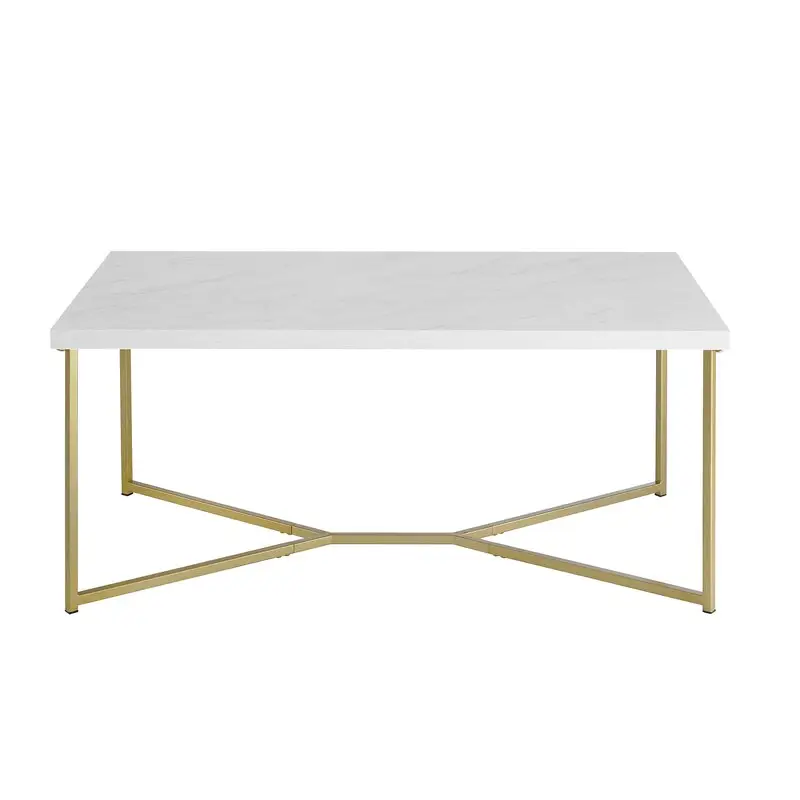Table basse en or avec pieds en croix, style moderne du milieu du siècle, avec dessus en marbre et en bois pour le salon, vente en gros