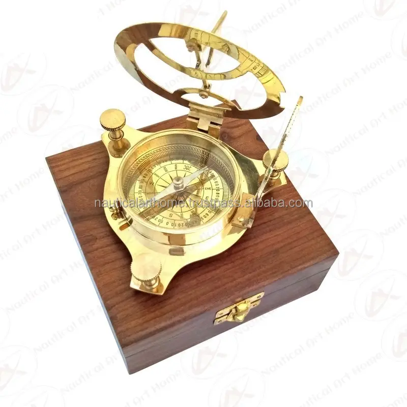 Bussola Sundial grande in ottone marino con scatola in legno-Sundial in ottone nautico da collezione con bussola-regalo marittimo