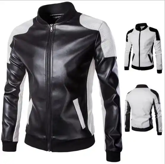 Fashion Men黒 & White Lamb Leather Jacket/男性レザージャケット/Pakistan革ジャケット