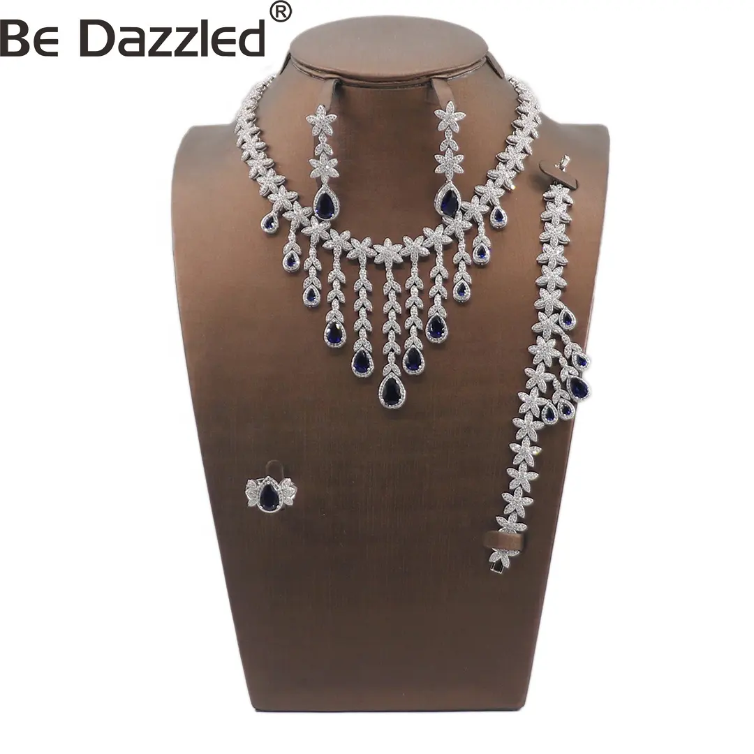Luxury Fashion Western tassels jewelry AAA cubic zircon gold plated indian African 4 pcs blue stone bridal wedding Necklace sets