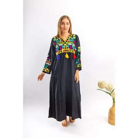 Ropa Vintage bordada estilo bohemio, Vestido largo de estilo campestre y mexicana, venta al por mayor