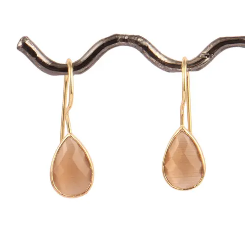 Wholesale brown cats eye gemstone earring brass metal gold plating bezel hook earring faceted gemstone light weight women drops