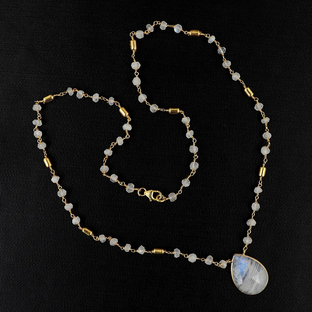 Stunning Natural Rainbow Moonstone Gemstone Fine Silver Jewelry Necklace 925 Sterling Silver Gold Vermeil Chain Pendant Necklace