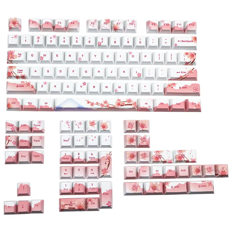 Keycaps Tema Sakura 2021, Proses Sublimasi Lima Sisi 110/128 Tombol Tinggi Asli Kompatibel Keyboard PBT 60/64/87/96/104/108