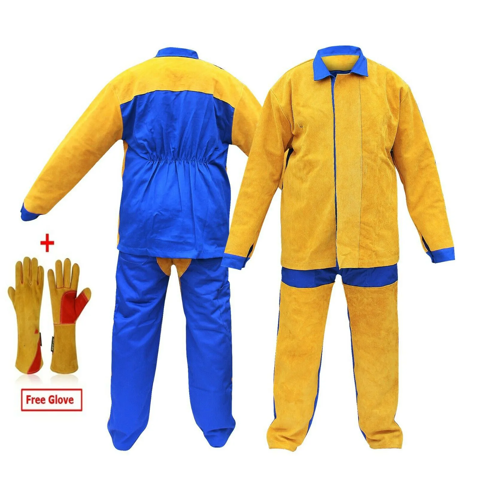 Traje de cuero para trabajo con guantes, ropa protectora de soldadura, chaquetas de soldadura de cuero Partido de vaca, delantal con babero antillama