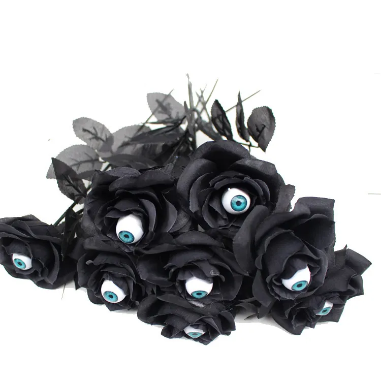 Flores artificiales de seda para decoración de Halloween, accesorios de fotografía para el hogar, Rosa Negra con globo ocular