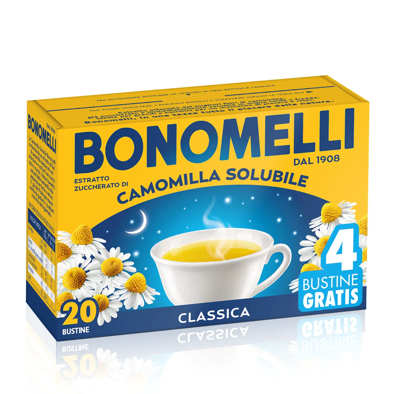 Tisane italienne certifiée de la plus haute qualité, thé à la camomille instantané Bonomelli 16 + 4 sachets dans une boîte à thé pour la détente et le sommeil
