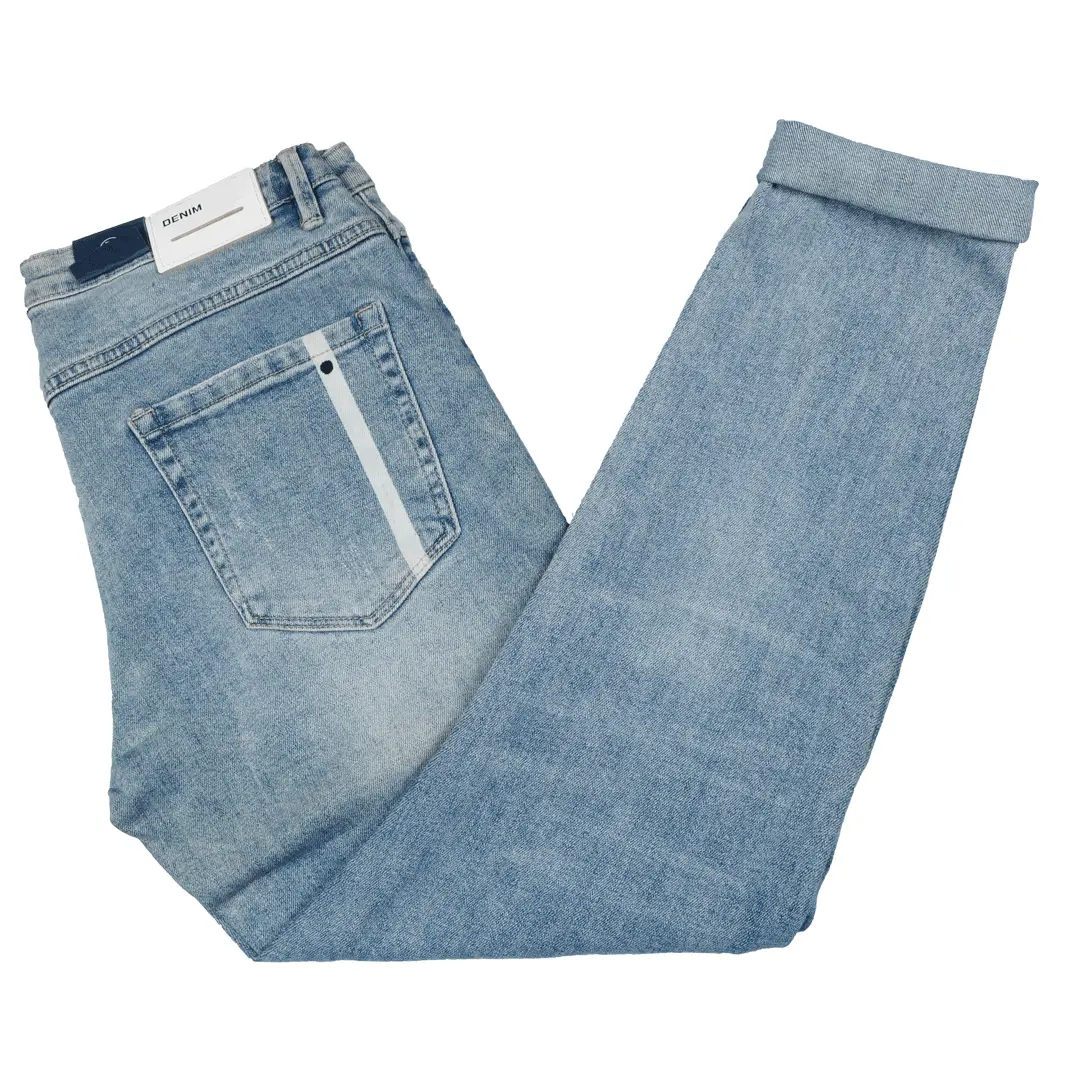 Calça jeans masculina de algodão, elástica, reta, azul claro, slim, estampada, de bangladese, venda imperdível
