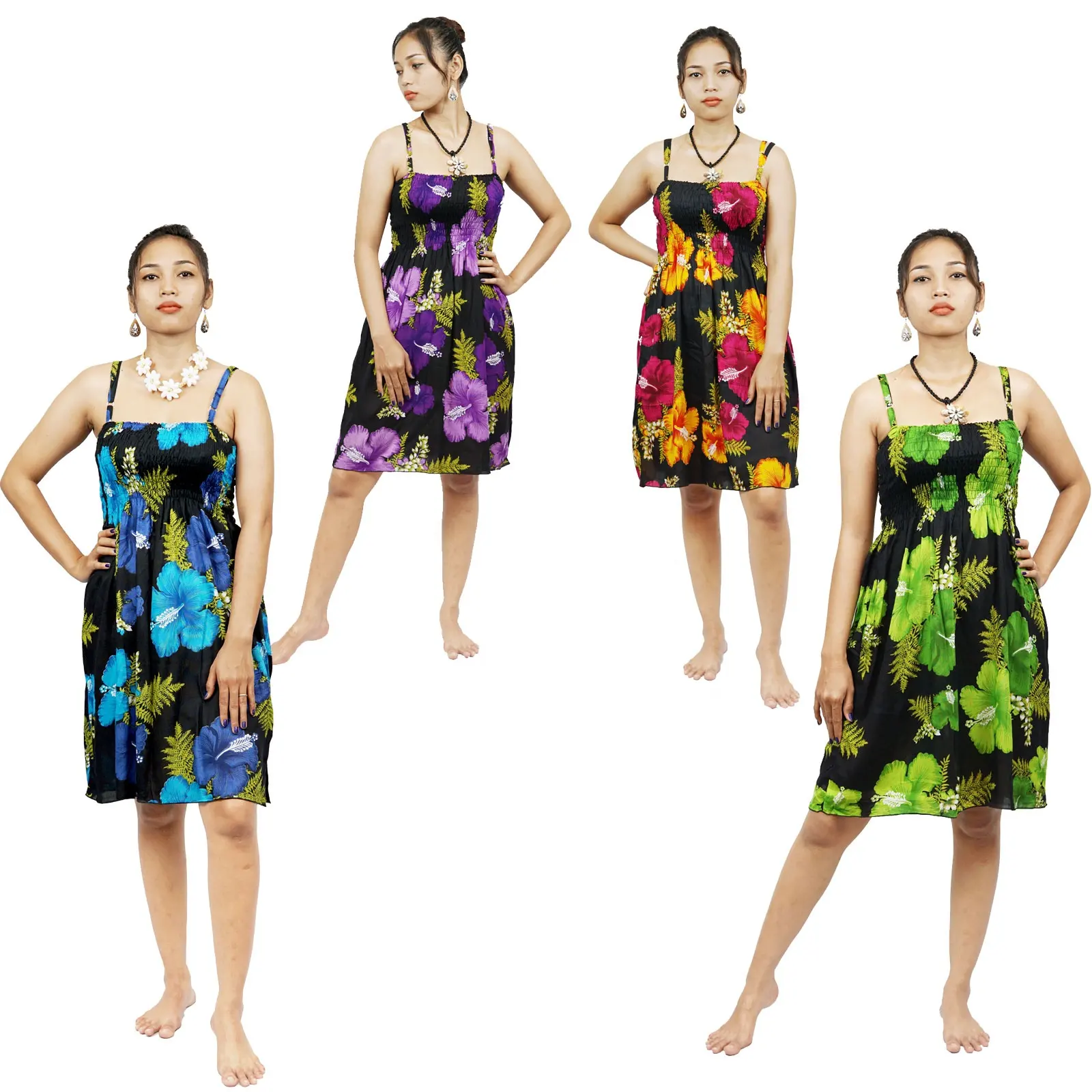 Hawaiano de las mujeres de la moda Flor de hibisco impreso vestido de verano vestido de la correa de espagueti de mujer casual vestidos