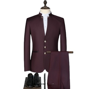 Traje de cuello chino de alta calidad para hombre, chaqueta lisa, vestido ajustado, trajes de boda, 2 piezas, 2021