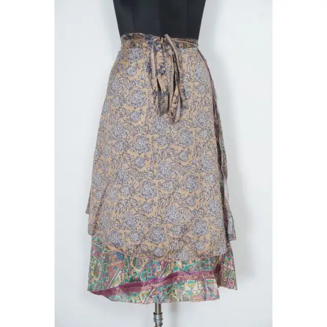 Wrap geri dönüşümlü uzun etek Vintage İpek Sari uzun Wrap etekler hint ipek uzun etekler Boho hippi çift katmanlı Magi