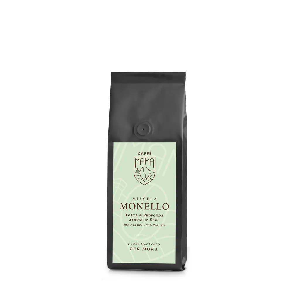 Café molido italiano de alta calidad, servicio de etiqueta privada, fresco stock de producción, M'Ama Monello, 250gr