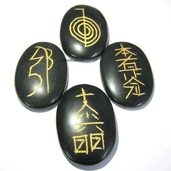 Agate Natural Stone Black Agate Oval Reiki Symbol Crystal Oval With Carving Reiki Design