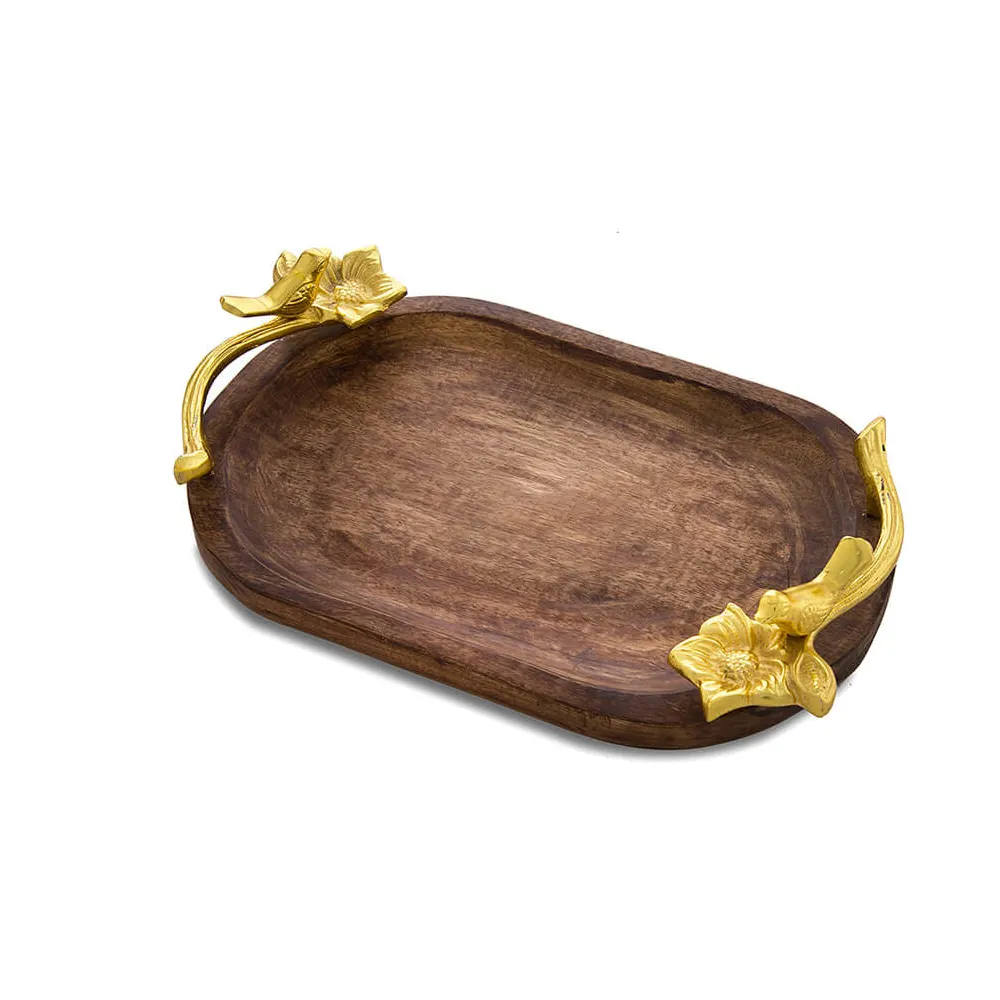 Mango Wood Decorative Chocolates And Dry Fruits Fancy Gifts Wrap Tray With Floral Gold Metal Handles