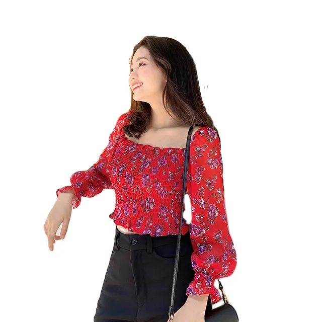 Top corto personalizado para mujer, Blusa de gasa de manga larga con hombros descubiertos, Floral, hecho en Vietnam