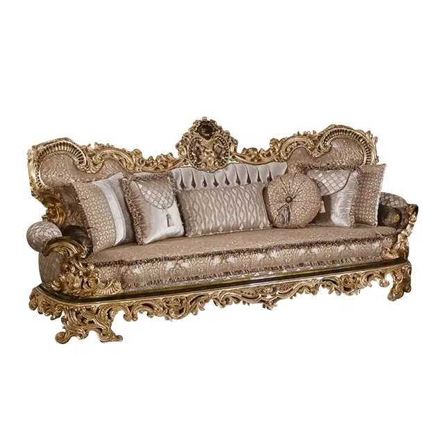 European Golden Sofa Set Imported Fabric Living Room Furniture Hand Made Carved Wood With Golden Leaf Imported Materials Sofas