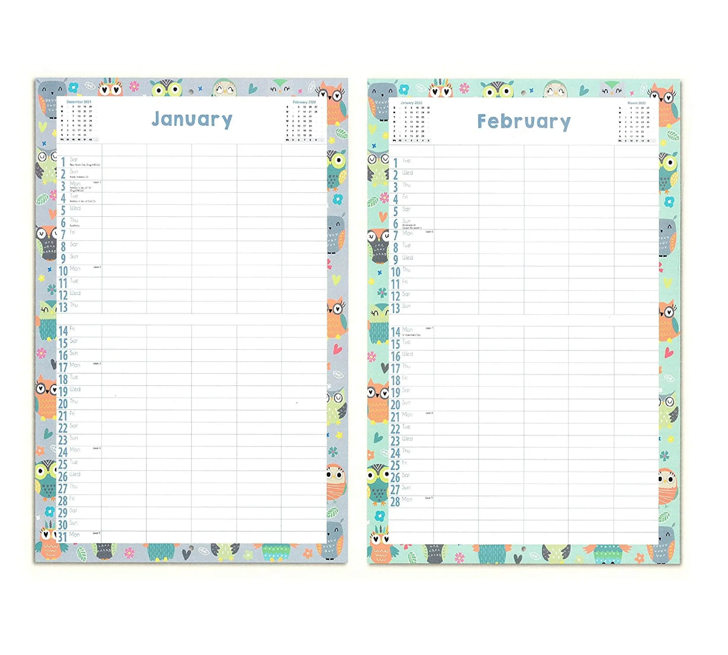 Agenda 2022 mois à vue, calendrier de la famille, motif hibou mignon, 5 colonnes et enveloppe pour usage quotidien à la maison