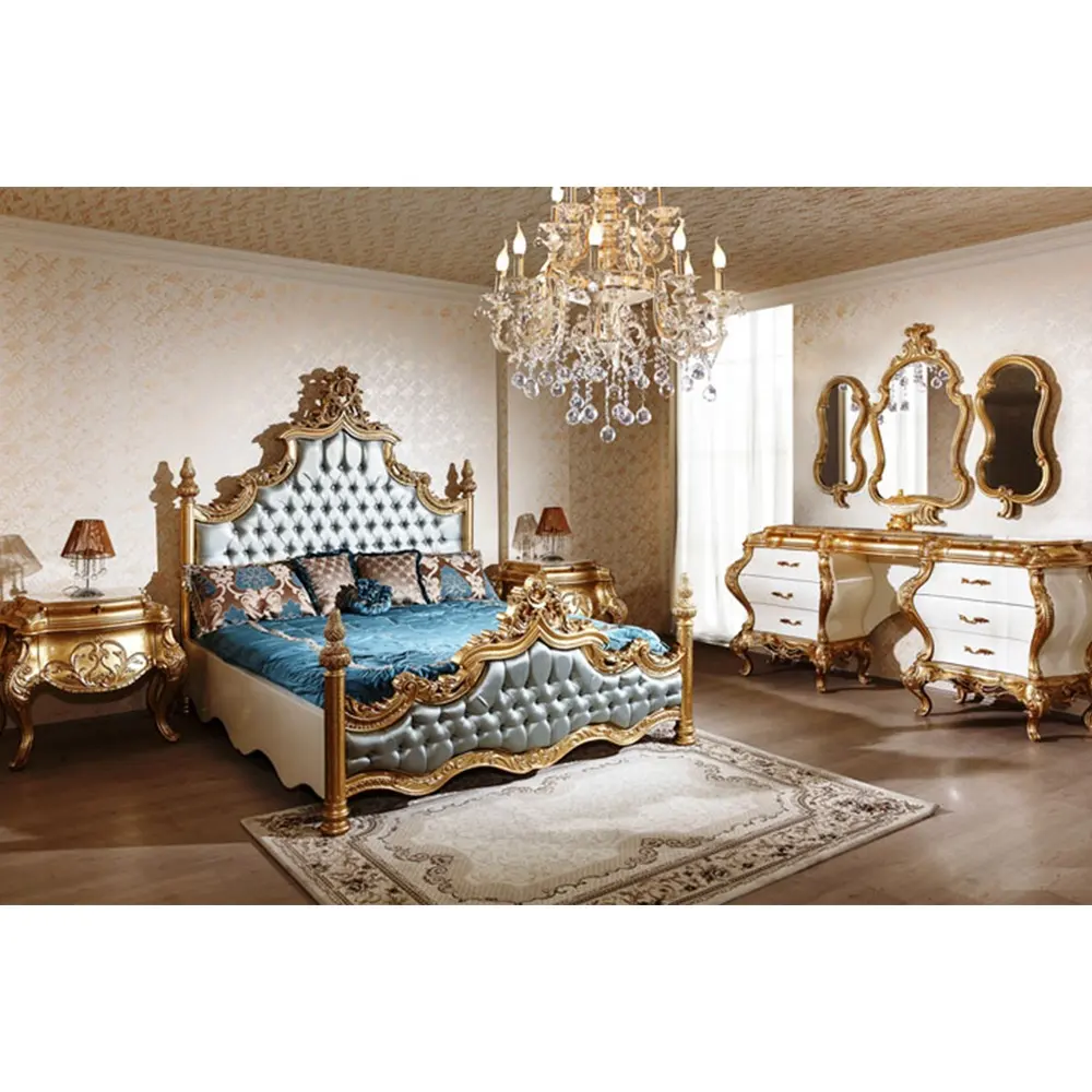 Lussuoso stile rococò francese intagliato in legno antico lamina d'oro letto King Size Set di mobili per camera da letto europea reale