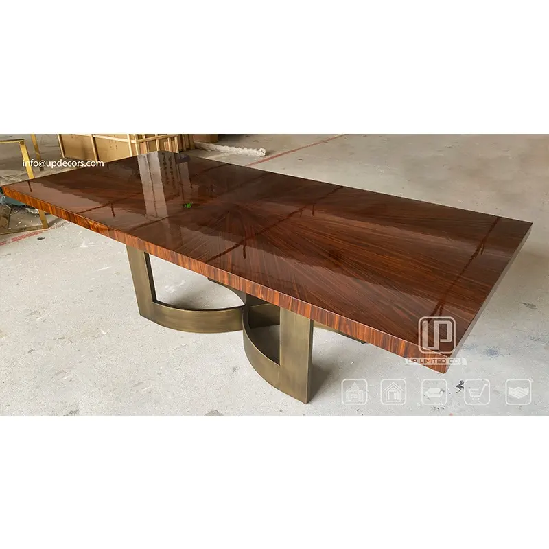 Mesa de comedor antigua personalizada de diseño exclusivo, mesa de comedor de madera con Base de bronce de lujo de acero inoxidable