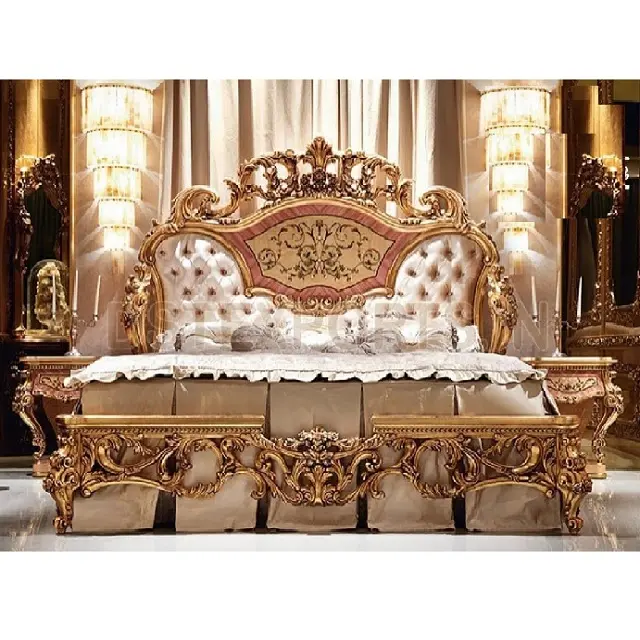 Royal Gold Carving Bed & Nightstands Golden Royal Wooden Carved Bed & Side & Tables Luxury Golden Carved Bed With Nightstands