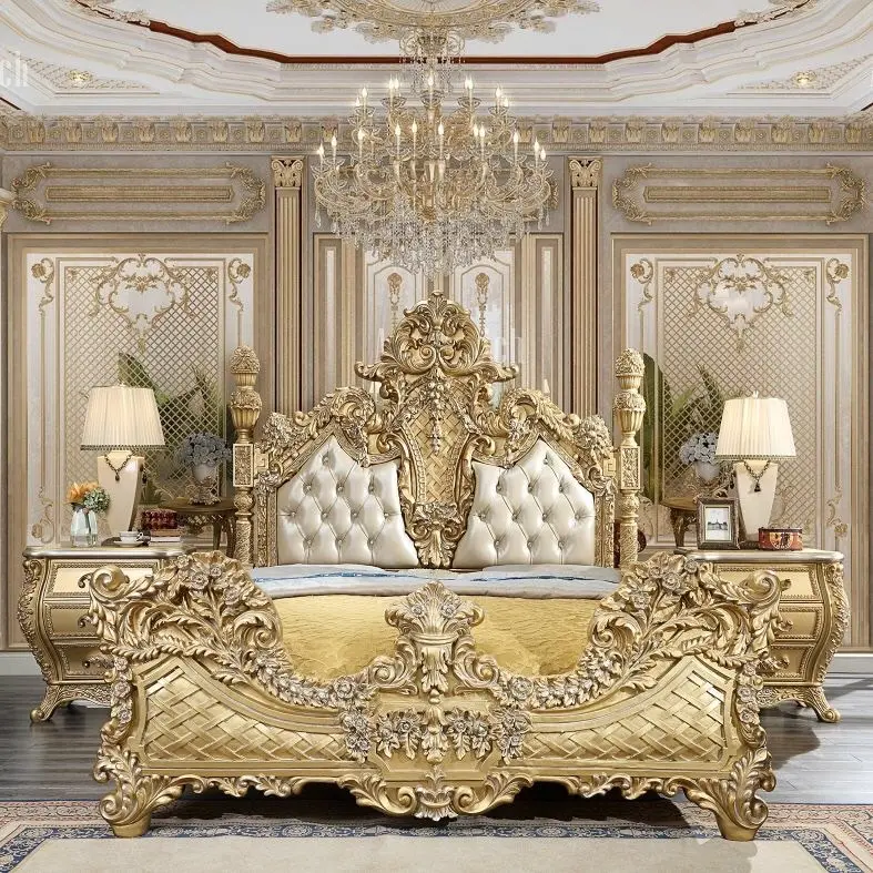 Cama tallada de hoja dorada de diseño de lujo, tamaño King, dormitorio de madera dorado clásico europeo