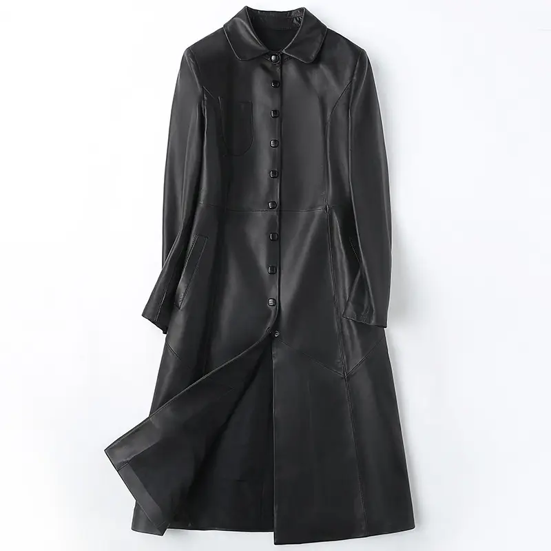 เสื้อโค้ทหนังแกะแท้สำหรับผู้หญิง,เสื้อโค้ทหนังสีดำสำหรับฤดูใบไม้ผลิใบไม้ร่วงปี100%