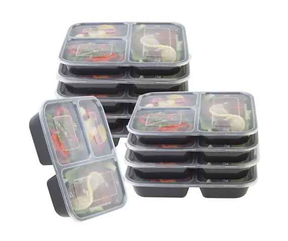 Microwave safe Eco-Friendly plastic lunch box , 3 compartment flat lid leakproof meal prep container