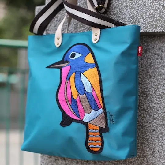 REWORK New Fashion Embroidered Woodpecker Nylon Bag with Leather Handle
