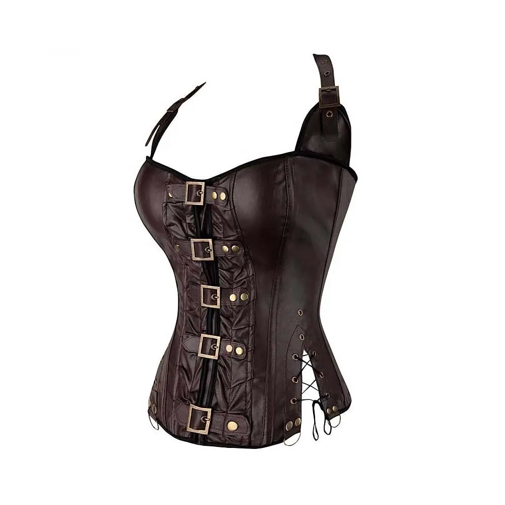 Fantasia de couro marrom preto e gótico, corset feminino com fivela, preço, dropshipping