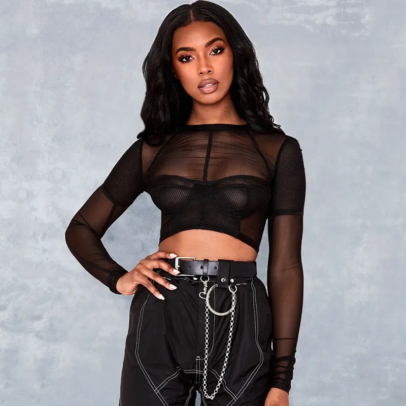 Sexy transparente malha tops para jovens menina, 2019 outono mulheres manga comprida nova moda clube preto tops