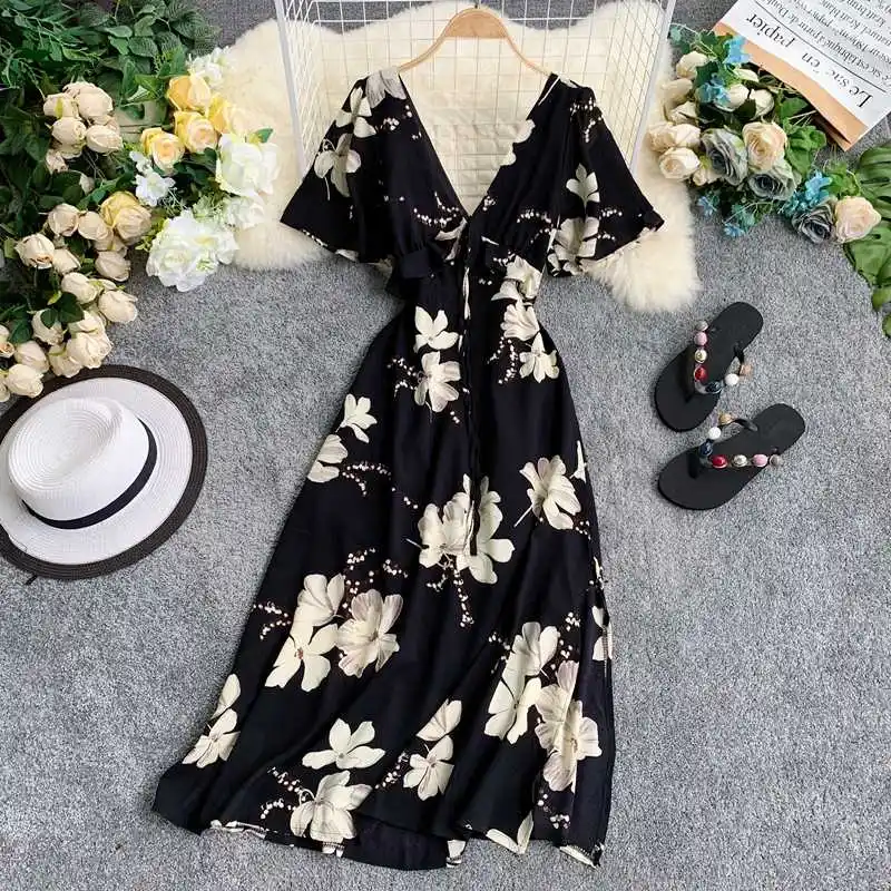 Women Casual Dresses 2019 Vintage floral Print V-neck Short Sleeve Elegant Long Dresses Women Party Wear Western Short Dress