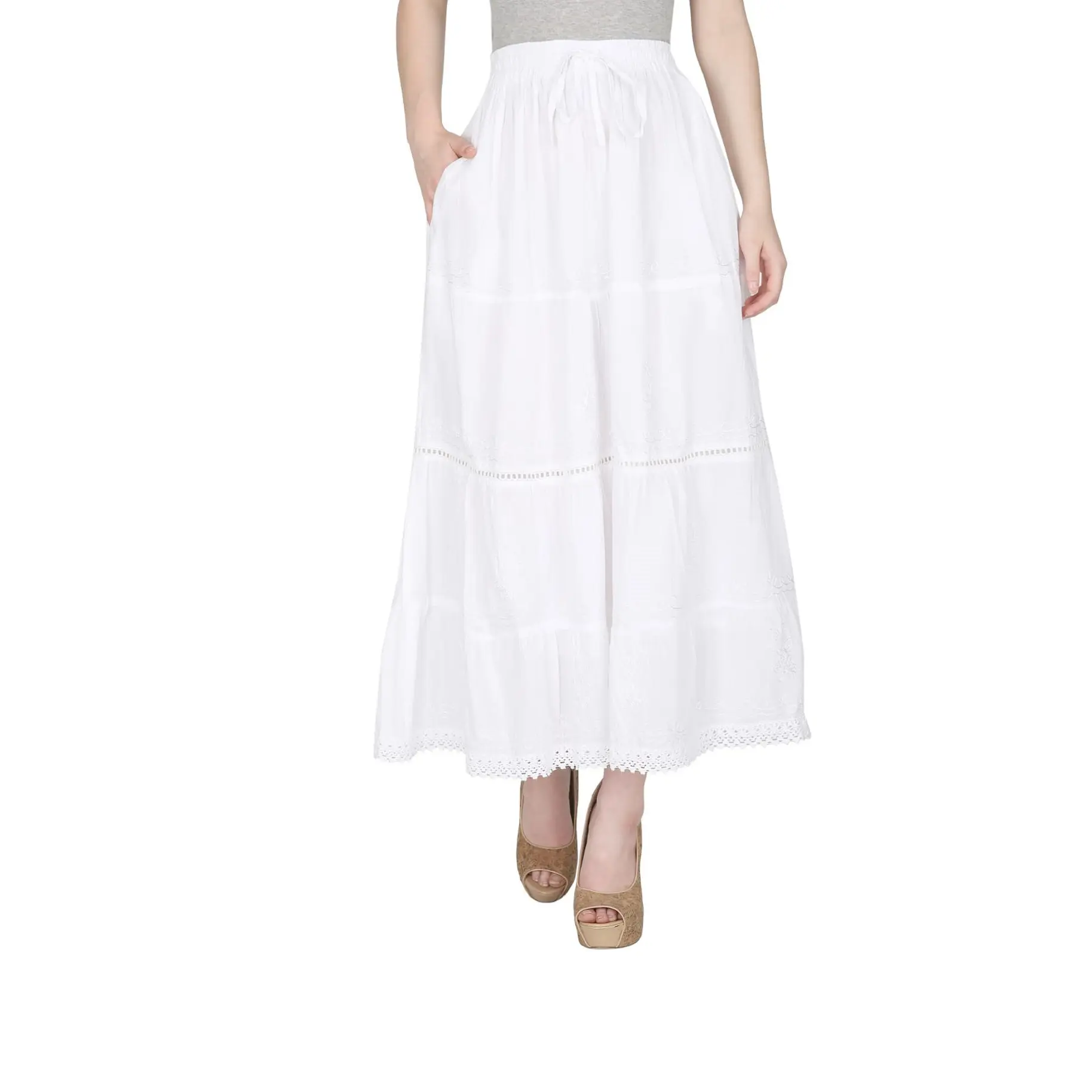 Falda gitana blanca de algodón 100% para mujer, falda larga atractiva/falda informal a la moda, precio al por mayor