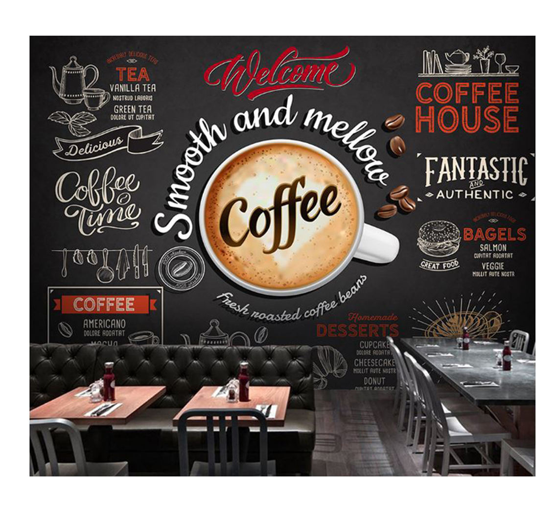 Yeni tasarımlar kahve dükkanı duvar resmi kendinden yapışkanlı vinil PVC duvar kağıdı