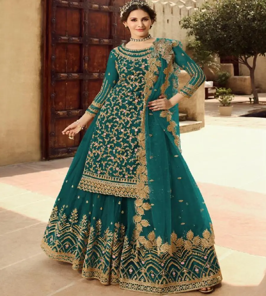 Gharara-traje de boda con bordado pesado azul, diseño de Sharara de boda, Sharara paquistaní