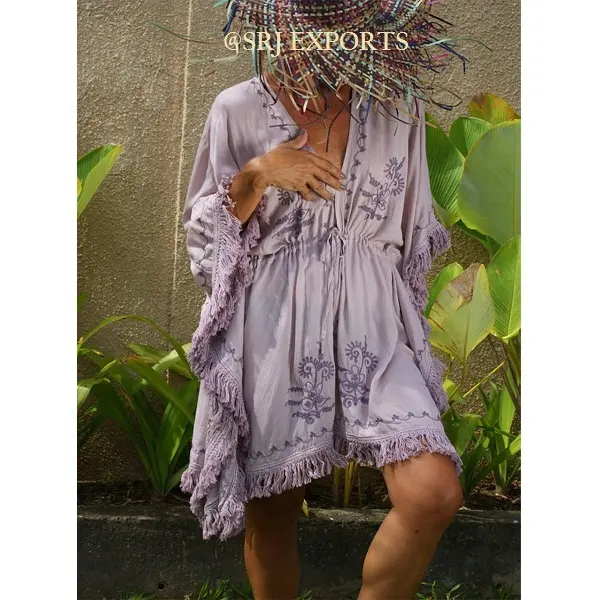 Breathtaking Natural Rayon Hot Front Open Beautiful Fringed Lace String Waist Beach Cover Up Embroidery Boho Chic Kimono Kaftan