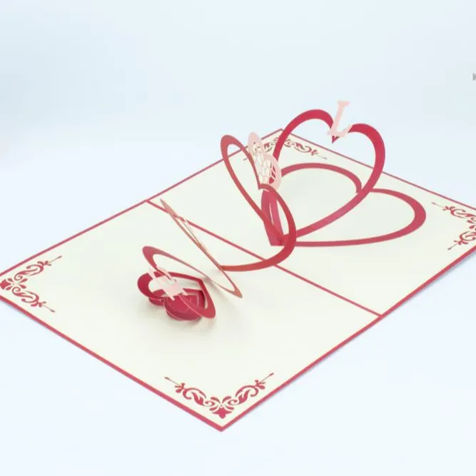 Hermosa corte amor corazón Pop Up tarjeta de felicitación 3D boda vietnamita y tarjetas de San Valentín para artesanía al por mayor
