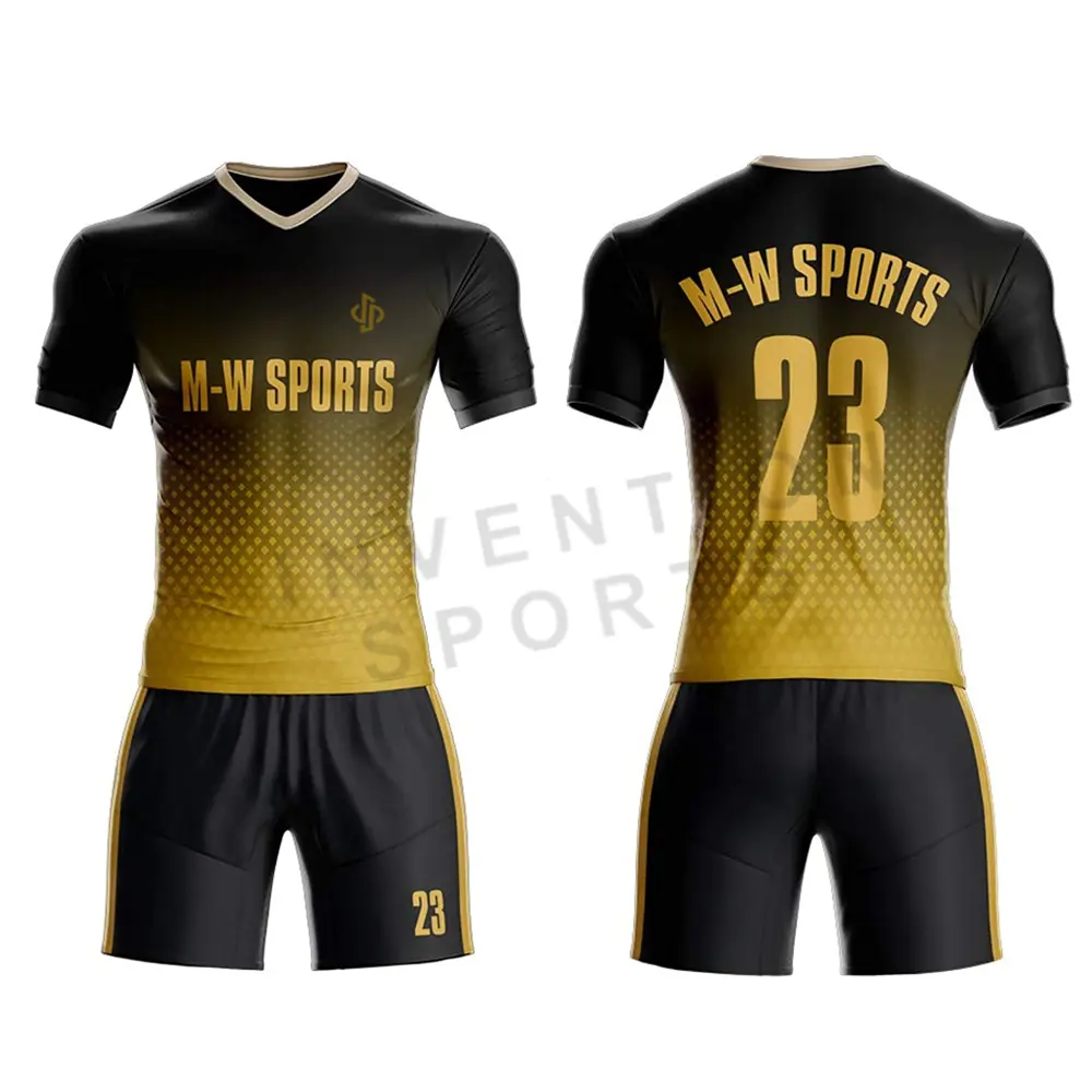 ชุดฟุตบอลสำหรับผู้ชาย,ชุดฟุตบอลแขนสั้นและกางเกงขาสั้นสีดำและสีเหลืองชุดกีฬาฟุตบอลเครื่องแบบทีมแบบกำหนดเอง