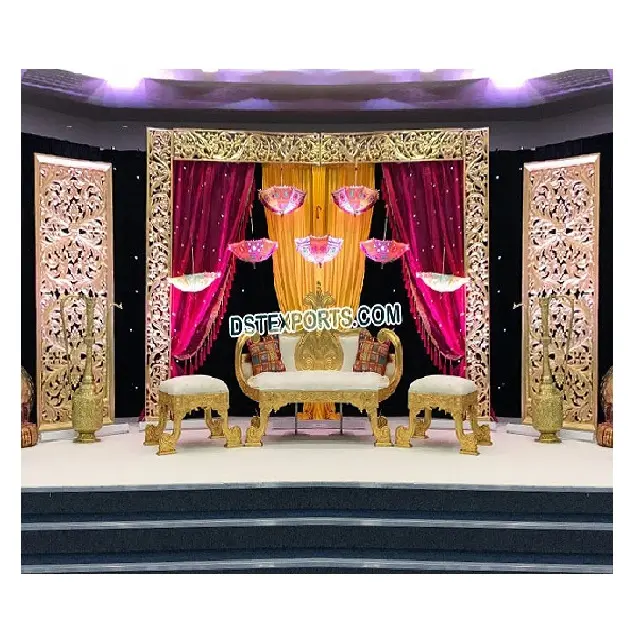 Escenario de boda dorado de estilo árabe, decoración de escenario de varios colores para boda india, Ideas y accesorios