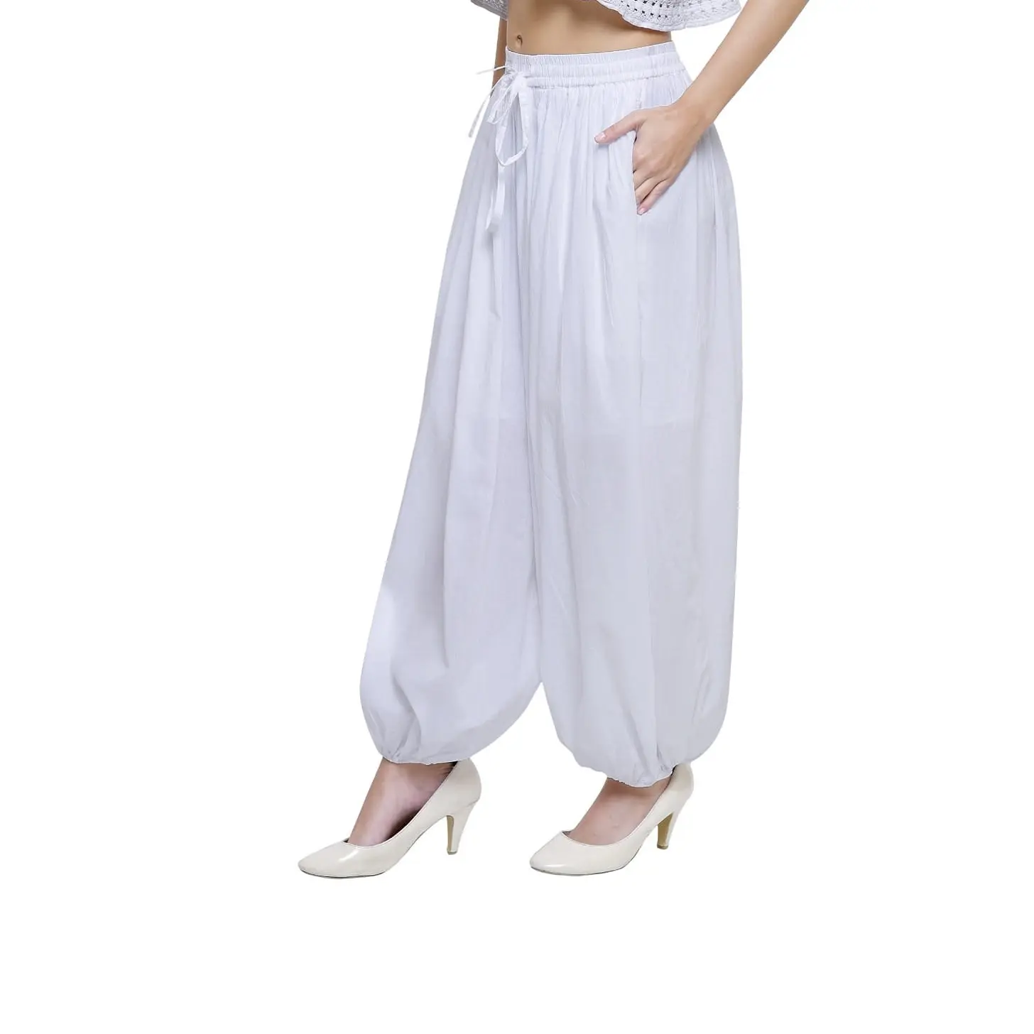 100% कपास Boho शैली जिप्सी लोचदार पायजामा महिलाओं के सफेद रंग लोचदार कमर गाजर पैंट कपास मुद्रित अन्त: पुर पैंट