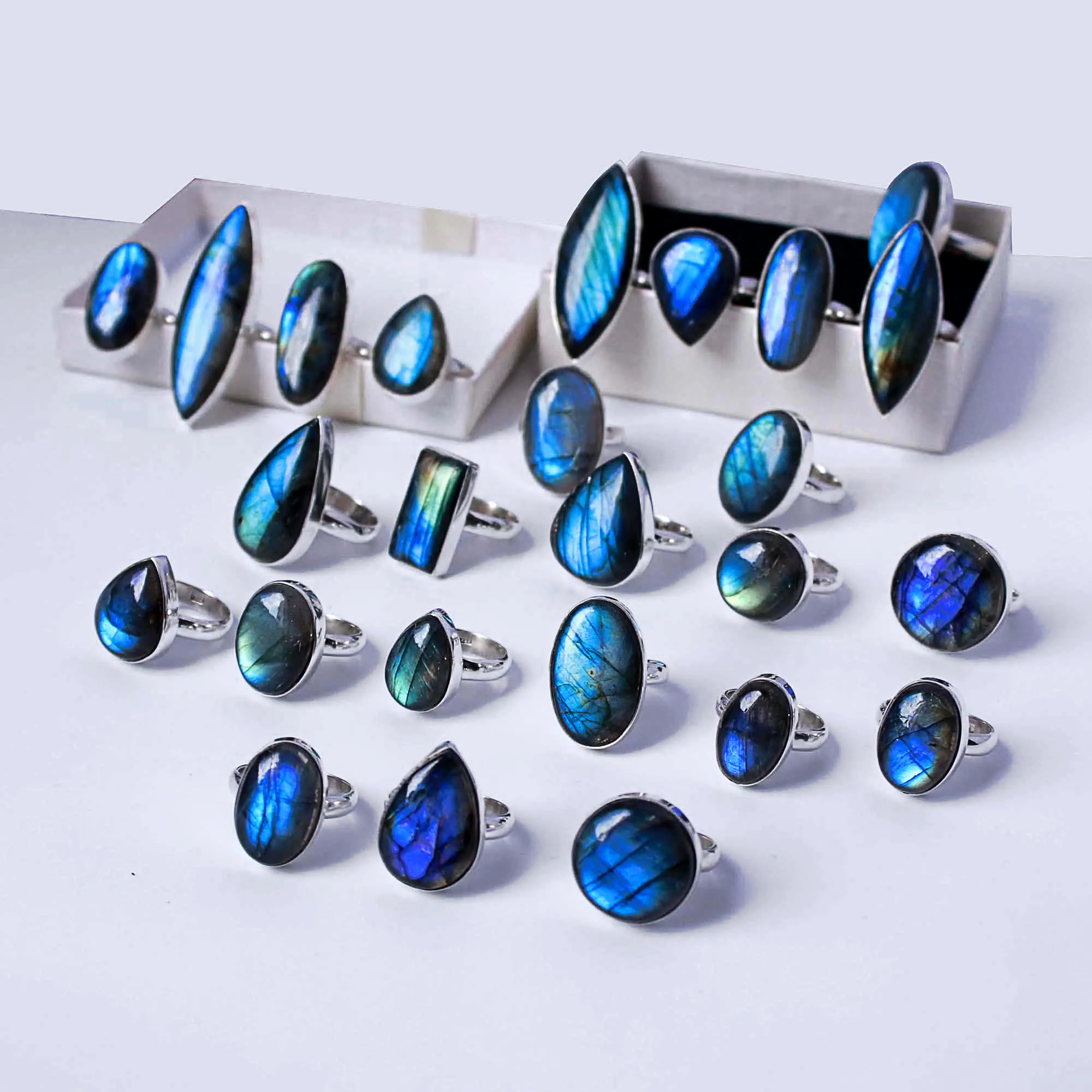 Azul labradorite natural 925 prata esterlina anel de pedras preciosas jóias cristais de tamanho livre anéis de nariz anel prego Labrador cabochon