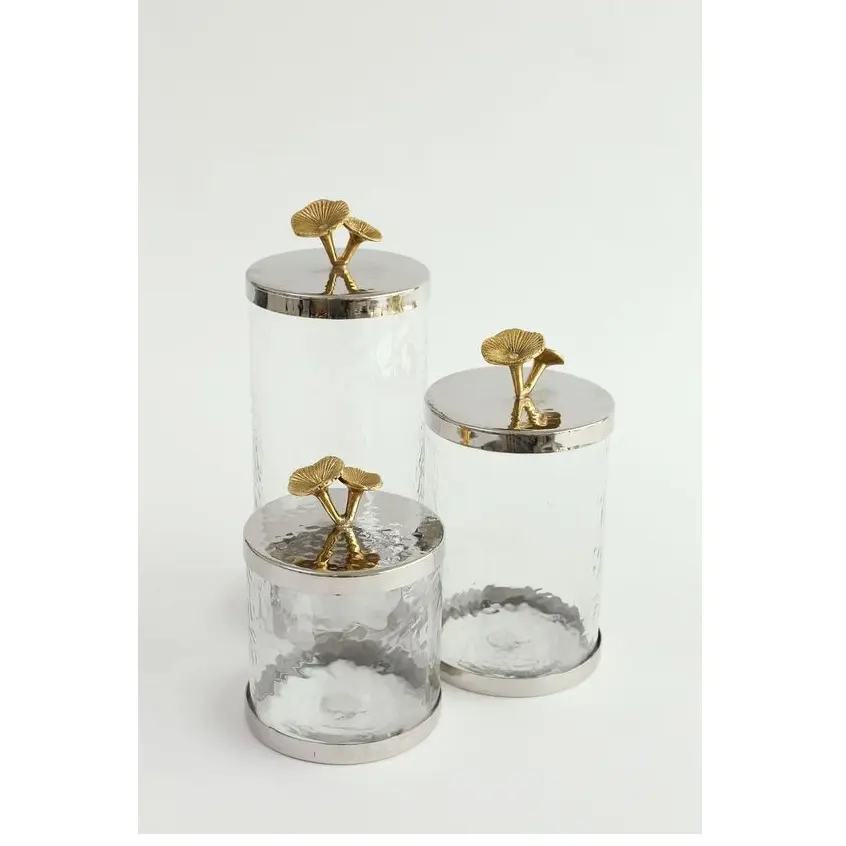 Canister de vidro transparente para cozinha, tampa de metal com folha de prata e gingko, para chá de luxo
