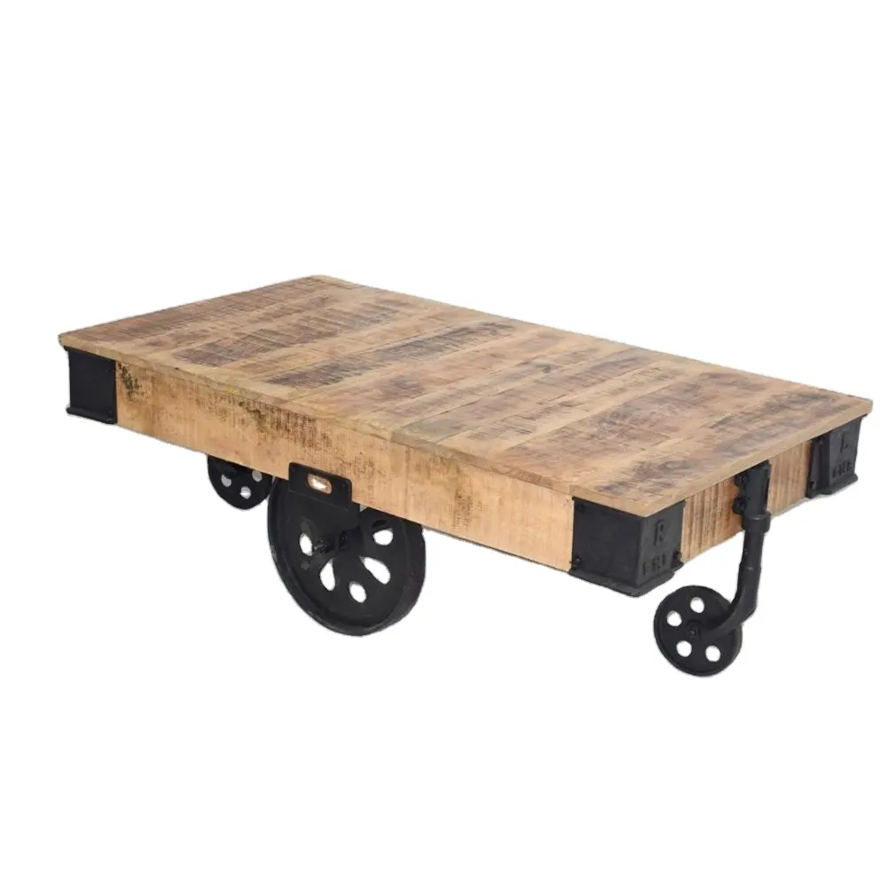 Table basse industrielle Vintage sur chariot Jodhpur Table basse rustique sur roulettes meubles en bois massif meubles de salon indiens